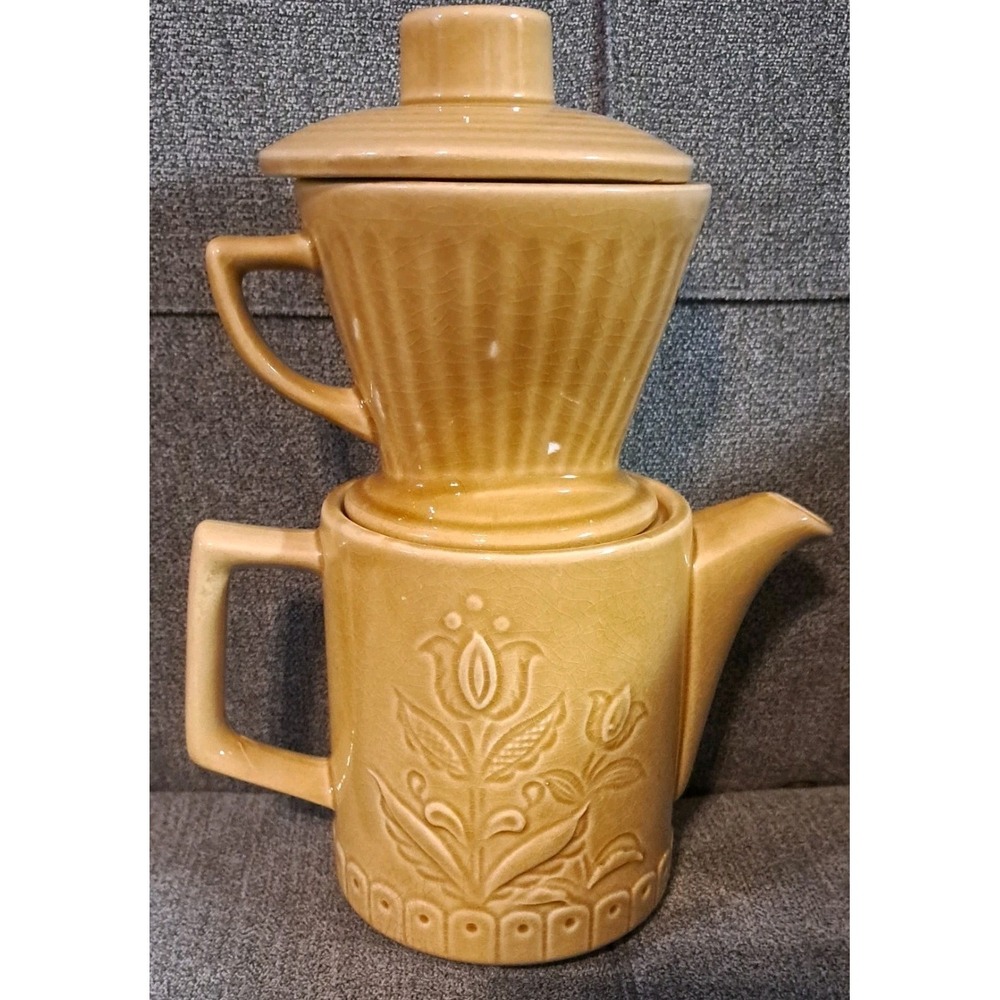 Vtg Yellow Hand Painted Ceramic Tulip Pourover Teapot Made in Japan Farmhouse